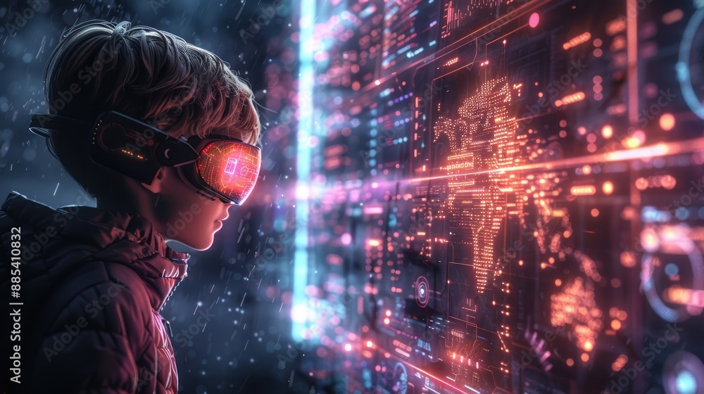 A young child exploring virtual reality with futuristic goggles, interacting with digital interfaces in a cyber world. A young child exploring virtual reality with futuristic goggles, interacting with digital interfaces in a cyber world.