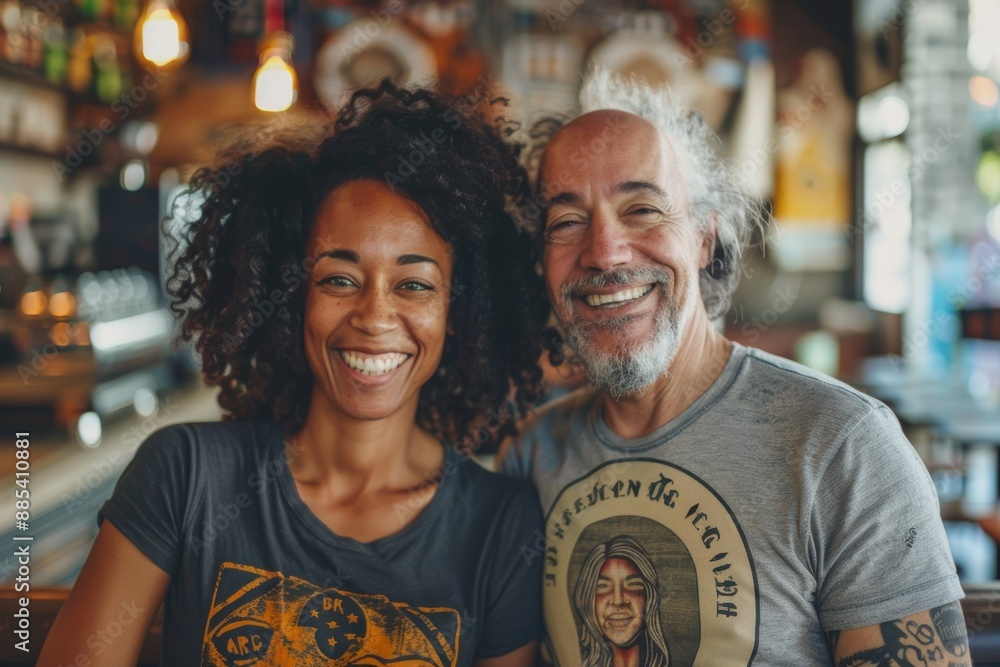 Portrait of a content multiethnic couple in their 40s sporting a vintage band t-shirt isolated on serene coffee shop background Portrait of a content multiethnic couple in their 40s sporting a vintage band t-shirt isolated on serene coffee shop background
