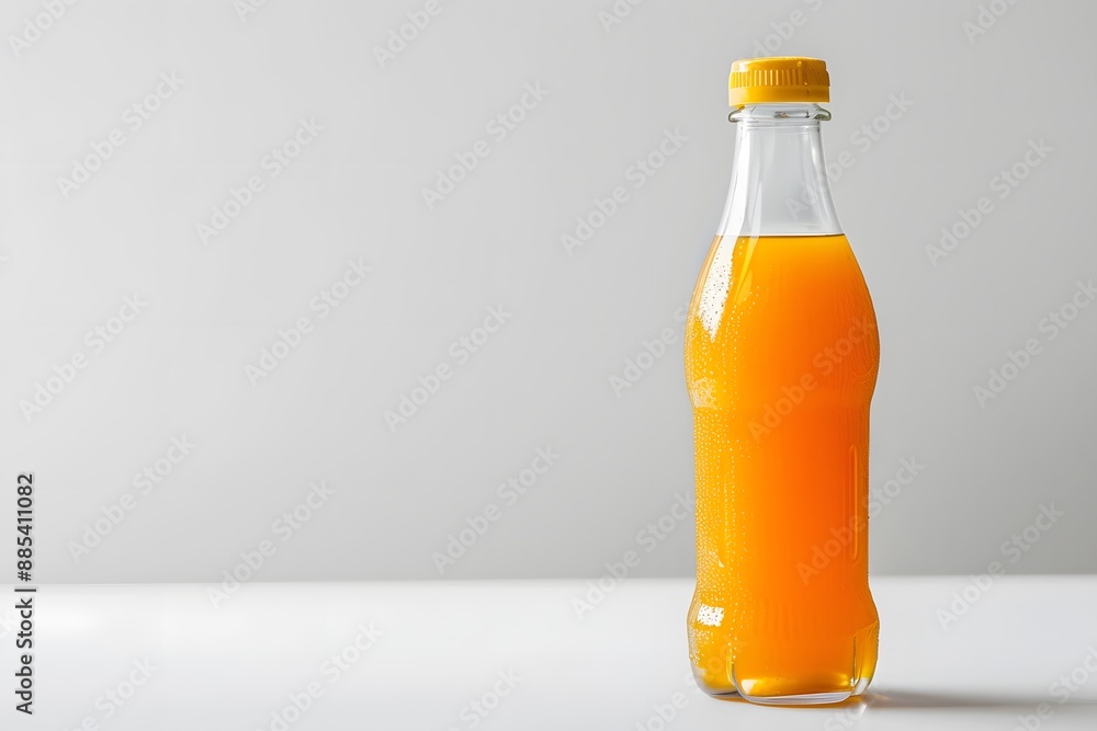 A Glass Bottle of Orange Soda with a Yellow Cap on a White Background A Glass Bottle of Orange Soda with a Yellow Cap on a White Background