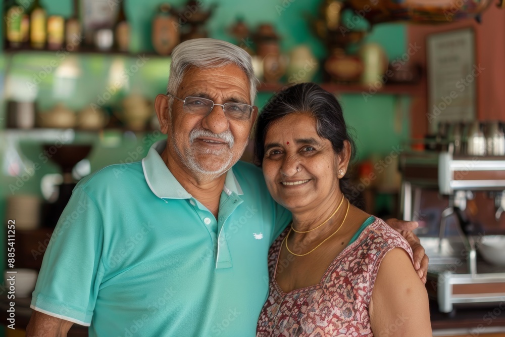 Portrait of a satisfied indian couple in their 70s donning a classy polo shirt in serene coffee shop background Portrait of a satisfied indian couple in their 70s donning a classy polo shirt in serene coffee shop background