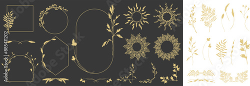 Hand drawn floral frames, borders, dividers, corners with herbs and branches. Botanical vintage foliage for wedding invitation, wall art or card template