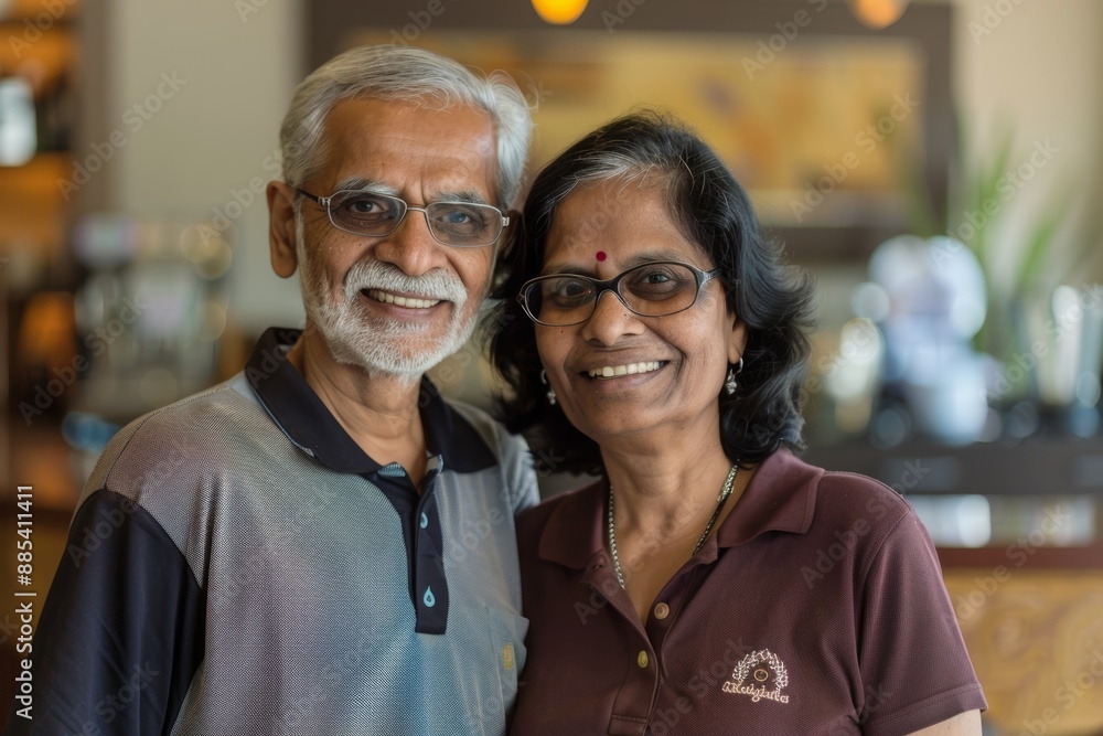 Portrait of a satisfied indian couple in their 70s donning a classy polo shirt isolated on serene coffee shop background Portrait of a satisfied indian couple in their 70s donning a classy polo shirt isolated on serene coffee shop background