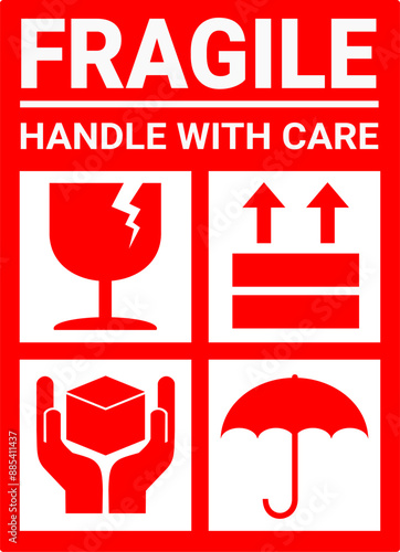 sticker fragile handle with care, red fragile warning label with broken glass symbol, this side up sign, keep dry and avoid liquid sign