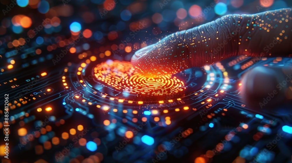 Close-up of a finger touching a digital interface with illuminated circuits, representing futuristic technology and human-computer interaction. Close-up of a finger touching a digital interface with illuminated circuits, representing futuristic technology and human-computer interaction.