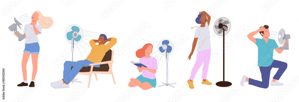 Diverse people cartoon characters cool off with electric fan home appliance in heat isolated set Diverse people cartoon characters cool off with electric fan home appliance in heat isolated set