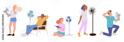 Diverse people cartoon characters cool off with electric fan home appliance in heat isolated set
