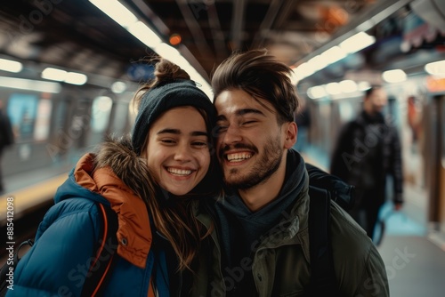 Portrait of a cheerful couple in their 20s wearing a trendy bomber jacket in front of bustling city subway background