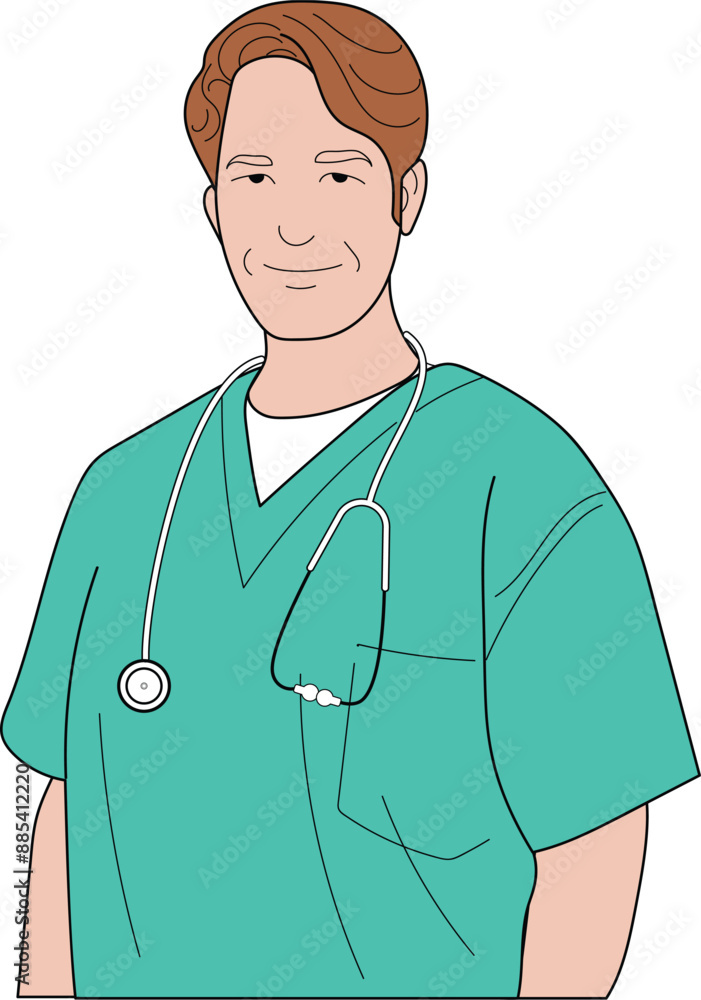 Male Doctor, Concept of medical team, hand drawn in thin line style Male Doctor, Concept of medical team, hand drawn in thin line style