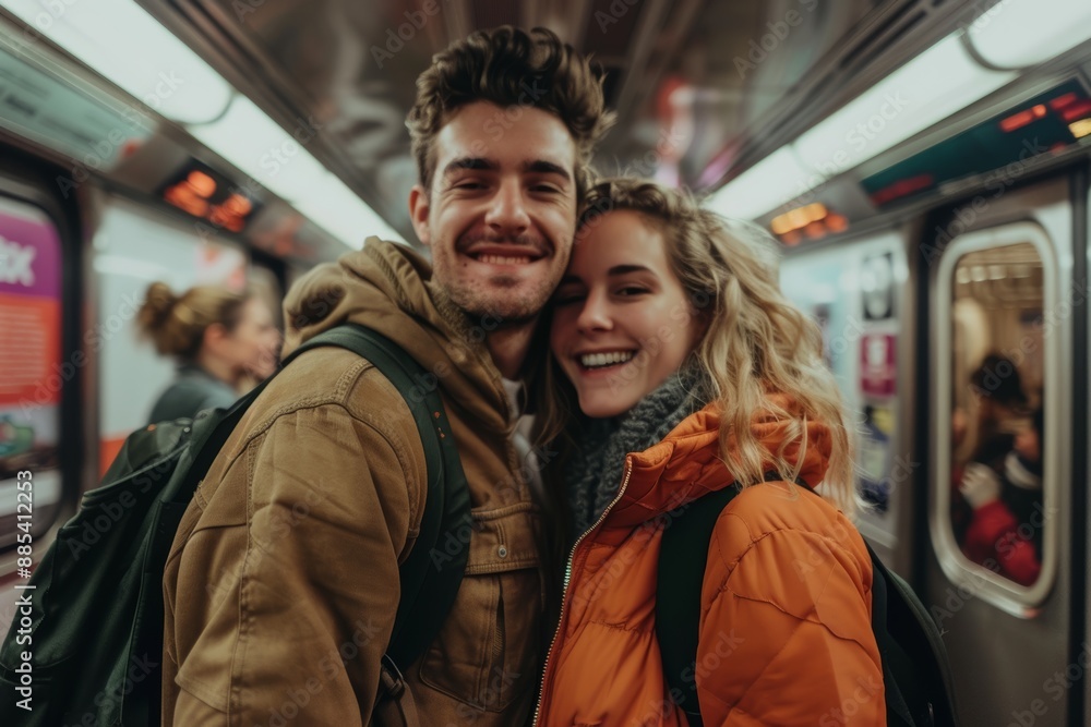 Portrait of a cheerful couple in their 20s wearing a trendy bomber jacket in front of bustling city subway background Portrait of a cheerful couple in their 20s wearing a trendy bomber jacket in front of bustling city subway background