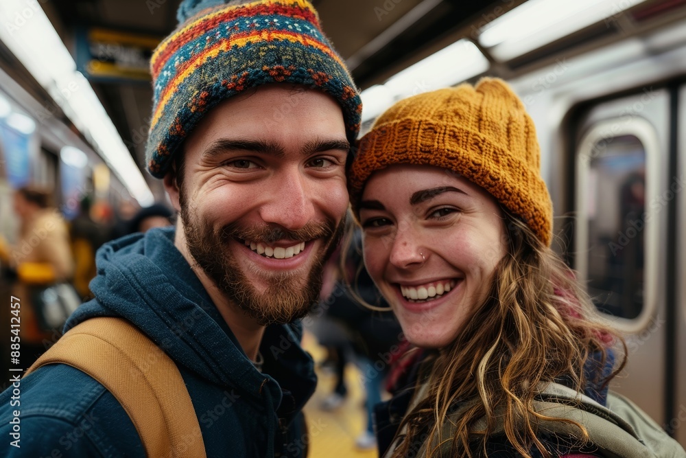 Portrait of a cheerful caucasian couple in their 30s sporting a trendy beanie isolated on bustling city subway background Portrait of a cheerful caucasian couple in their 30s sporting a trendy beanie isolated on bustling city subway background