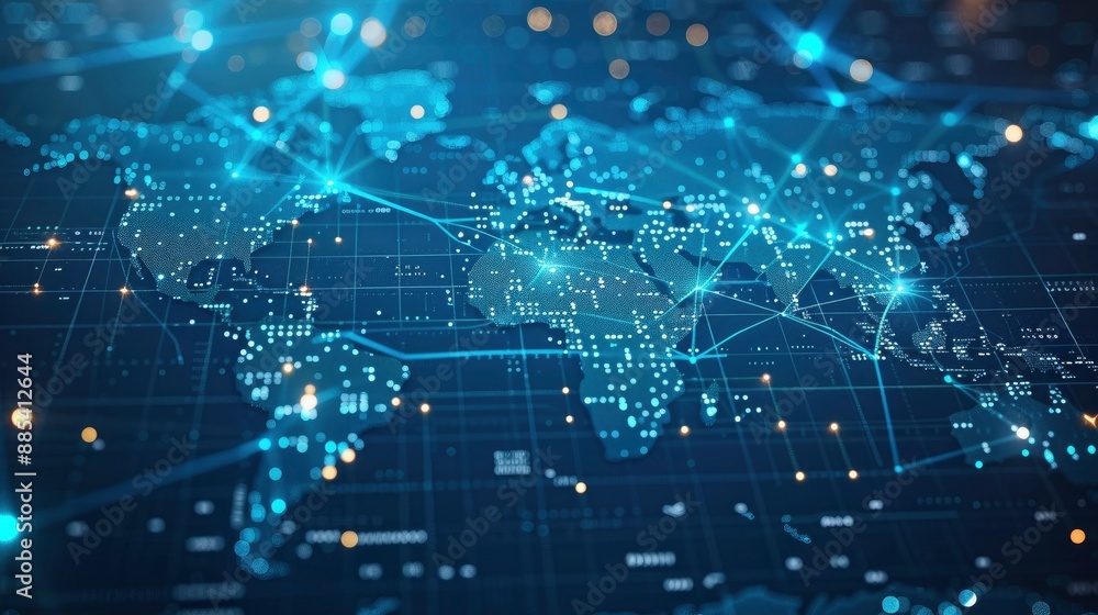 A global map overlaid with digital blockchain nodes and data connections, illustrating the worldwide adoption and integration of blockchain technology in various industries. A global map overlaid with digital blockchain nodes and data connections, illustrating the worldwide adoption and integration of blockchain technology in various industries.