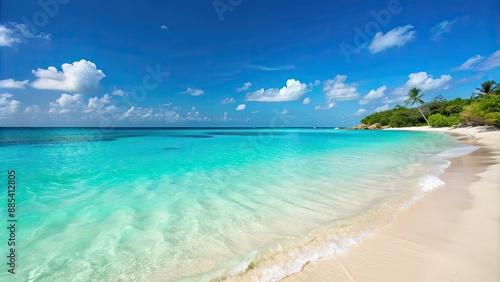 Fototapeta Naklejka Na Ścianę i Meble -  Turquoise waters and white sandy beach in the beautiful Caribbean , Caribbean, beach, tropical, paradise, vacation, ocean