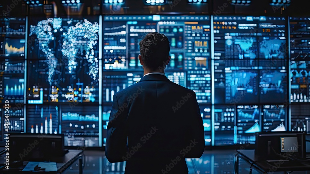 A businessman analyzing blockchain analytics and cryptocurrency market trends on a large digital display, highlighting the real-time data analysis and decision-making in financial markets. A businessman analyzing blockchain analytics and cryptocurrency market trends on a large digital display, highlighting the real-time data analysis and decision-making in financial markets.