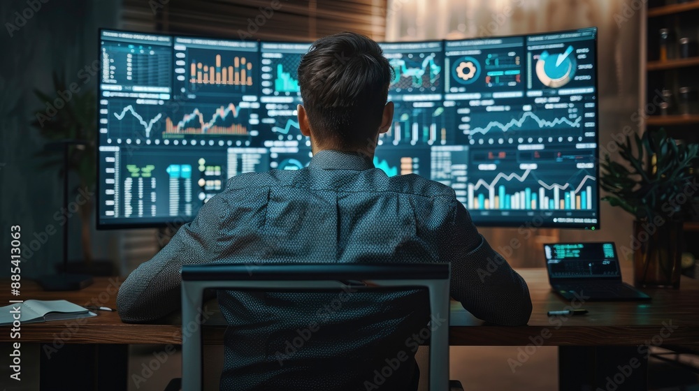 A businessman analyzing blockchain analytics and cryptocurrency market trends on a large digital display, highlighting the real-time data analysis and decision-making in financial markets. A businessman analyzing blockchain analytics and cryptocurrency market trends on a large digital display, highlighting the real-time data analysis and decision-making in financial markets.
