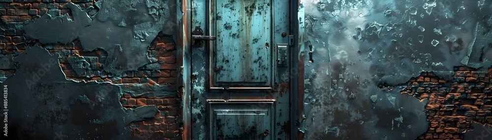 Decrepit Weathered Door in Abandoned Building with Peeling Paint and Crumbling Bricks Decrepit Weathered Door in Abandoned Building with Peeling Paint and Crumbling Bricks