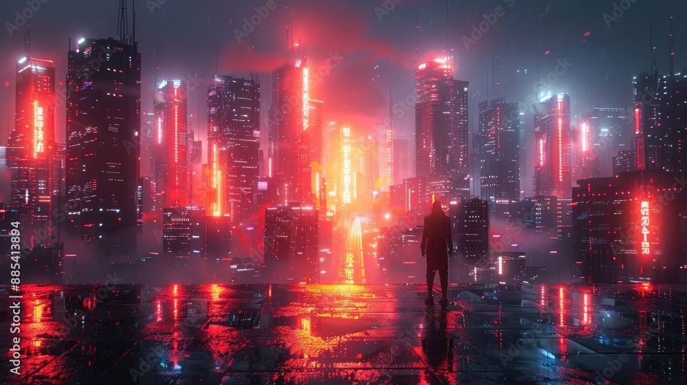 Futuristic cityscape at night with neon lights and towering skyscrapers, reflecting on wet surfaces. Person standing in silhouette. Futuristic cityscape at night with neon lights and towering skyscrapers, reflecting on wet surfaces. Person standing in silhouette.