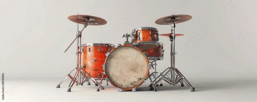 A set of drum kit with cymbals, percussion instruments, 3D realistic, metallic and wood textures, isolated on white background A set of drum kit with cymbals, percussion instruments, 3D realistic, metallic and wood textures, isolated on white background