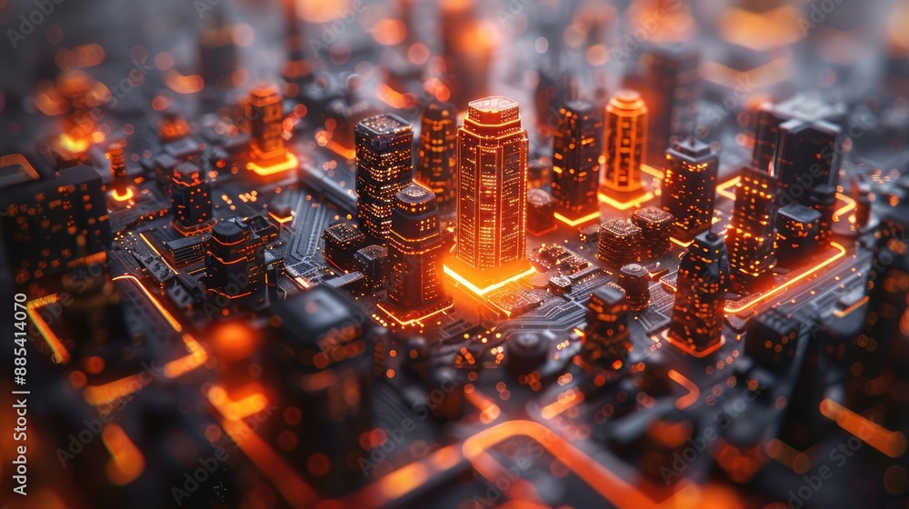 Futuristic cityscape with glowing orange lights, representing a modern and advanced urban technology concept. Futuristic cityscape with glowing orange lights, representing a modern and advanced urban technology concept.