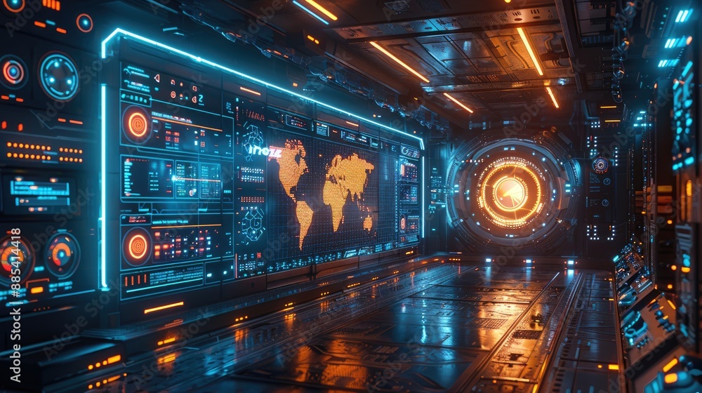 Fototapeta premium Futuristic control room with advanced technology, vibrant screens, and glowing interfaces creating a sci-fi atmosphere.