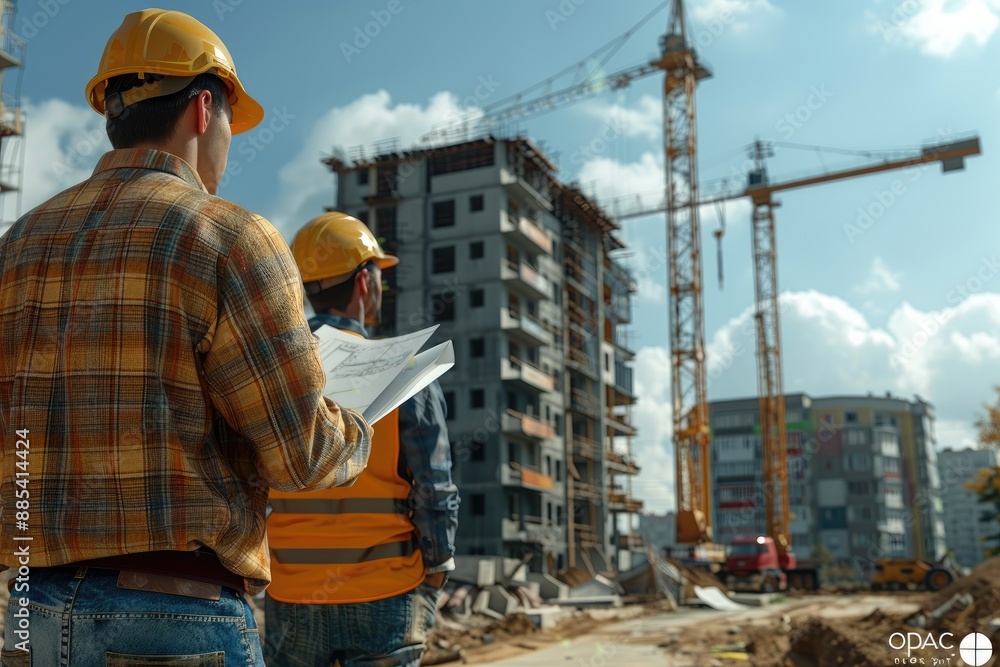 Architects discussing blueprints at a construction site with cranes in the background