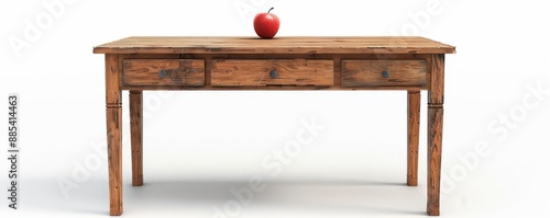 A teachers desk with an apple, school environment, 3D realistic, traditional setup, isolated on white background