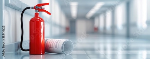 Safety plan and fire extinguisher in a hospital hallway, showcasing critical emergency measures