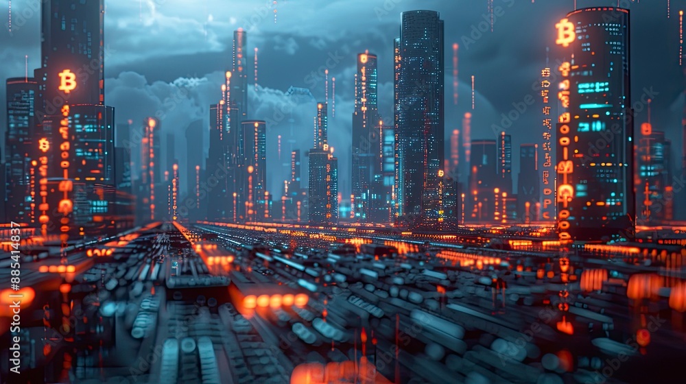 A digital cityscape with blockchain symbols integrated into urban infrastructure, illustrating the smart city concept and blockchain technology's role in sustainable urban development. A digital cityscape with blockchain symbols integrated into urban infrastructure, illustrating the smart city concept and blockchain technology's role in sustainable urban development.