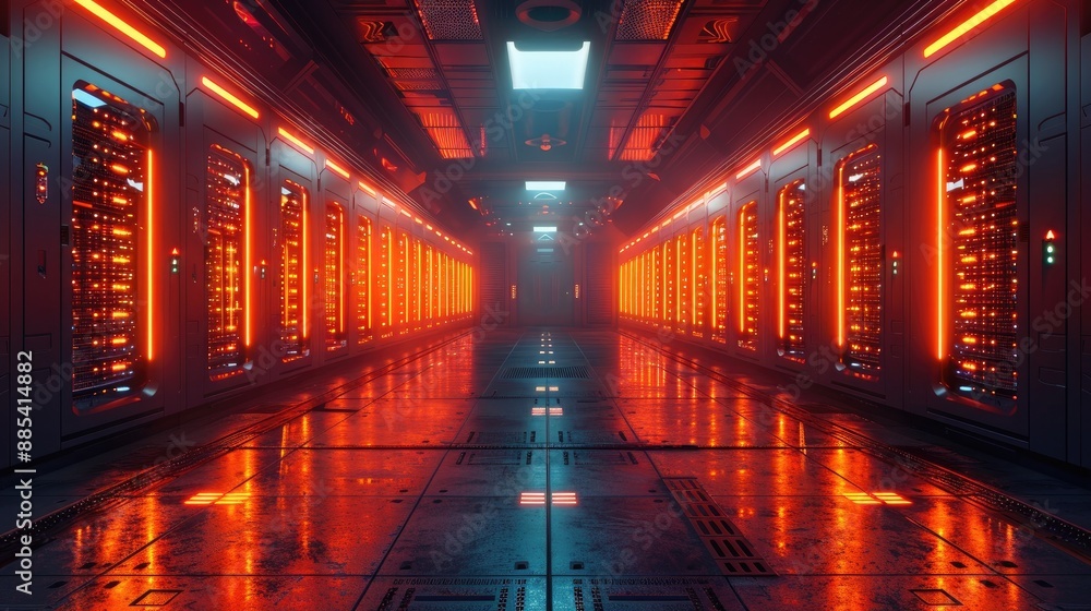 Futuristic data center with illuminated red and orange server racks, a high-tech environment for cloud computing and data storage. Futuristic data center with illuminated red and orange server racks, a high-tech environment for cloud computing and data storage.