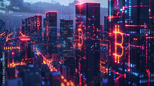 A digital cityscape with blockchain symbols integrated into urban infrastructure, illustrating the smart city concept and blockchain technology's role in sustainable urban development.