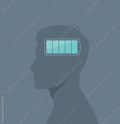 Male silhouette with a charged battery in his head, flat vector illustration