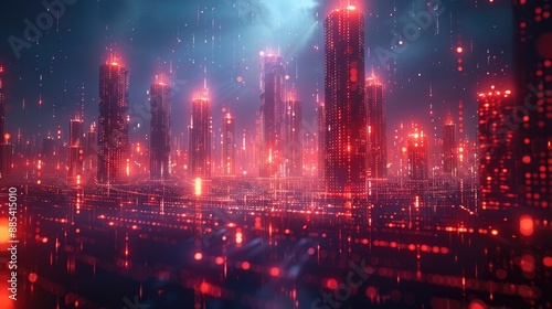 Futuristic digital cityscape with vibrant red virtual skyline and glowing light effects, representing advanced technology and urban development.