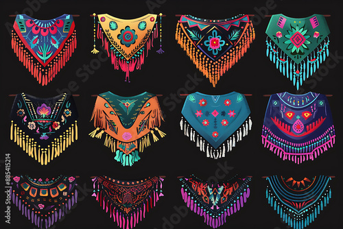 Cartoon Mexican poncho, vector traditional clothes of Mexico, decorated with bright ethnic pattern of colorful stripes,  photo