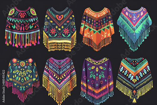 Cartoon Mexican poncho, vector traditional clothes of Mexico, decorated with bright ethnic pattern of colorful stripes,  photo