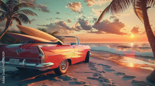 Sunset Surfer's Dream Vintage Convertible with Surfboards on Beach
