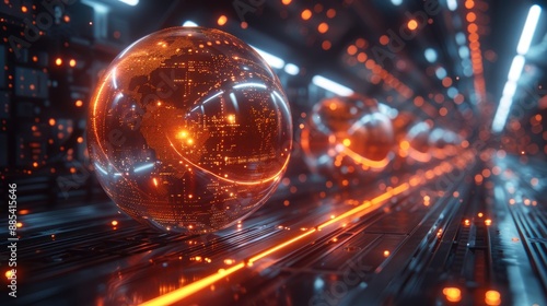 Futuristic glowing orange spheres in a high-tech, digitally constructed environment, showcasing advanced technology and cyber aesthetics.
