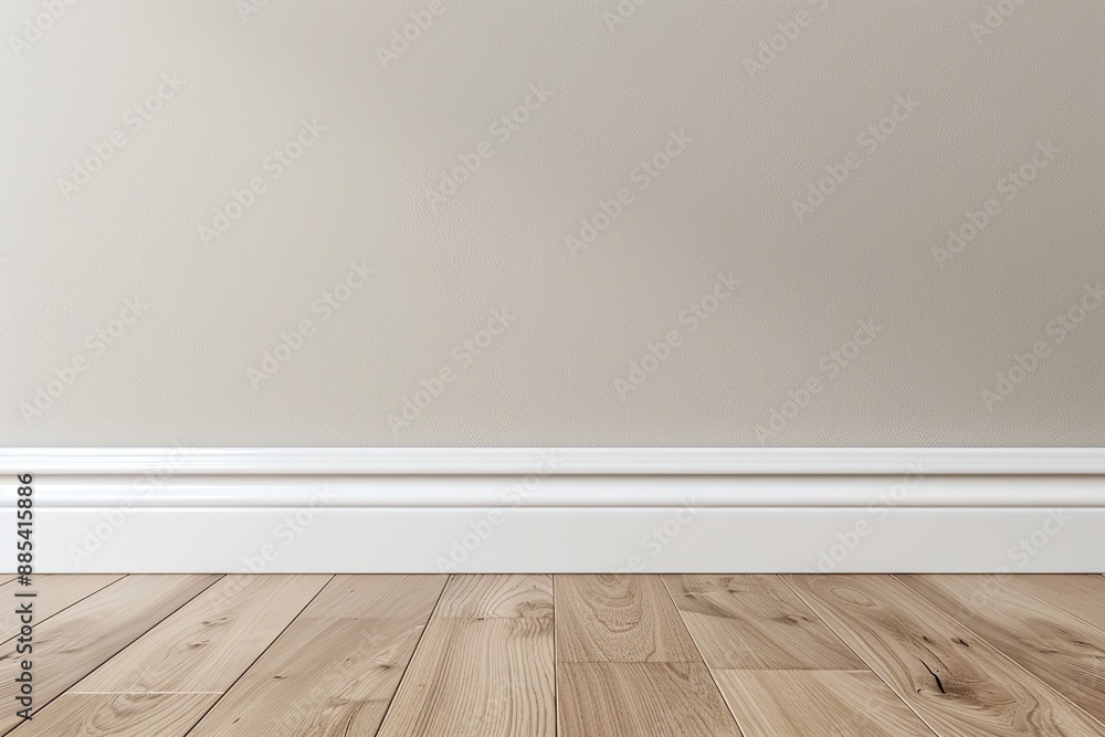 Simple minimalistic empty room with wooden floor, gray beige wall and white baseboard. Suitable for various projects, concepts. Design for displaying product. Modern minimalist interior. Copy Space Simple minimalistic empty room with wooden floor, gray beige wall and white baseboard. Suitable for various projects, concepts. Design for displaying product. Modern minimalist interior. Copy Space