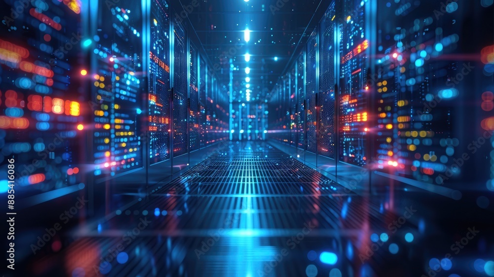 Futuristic server room with glowing LED lights and high-tech data systems, showcasing advanced technology infrastructure. Futuristic server room with glowing LED lights and high-tech data systems, showcasing advanced technology infrastructure.