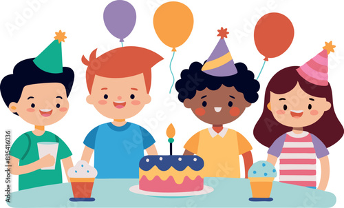 Group of cheerful children wearing party hats gathered around a birthday cake with balloons and cupcakes, celebrating a festive occasion.