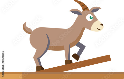Illustration of a cheerful cartoon goat balancing on a wooden plank, showcasing playful and animated themes.