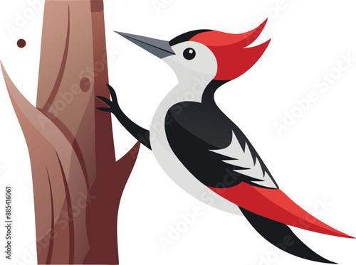 A colorful illustration of a woodpecker perched on a tree trunk, showcasing its red, black, and white feathers in a minimalist style. photo