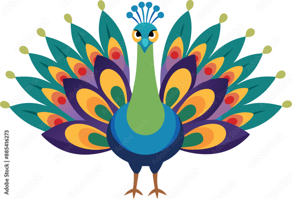 Fototapeta premium A vibrant illustration of a colorful peacock with intricate and detailed feathers against a white background.