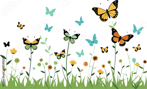 Colorful butterflies flutter above vibrant flowers in a grassy field. A perfect illustration for spring, summer, and nature concepts.