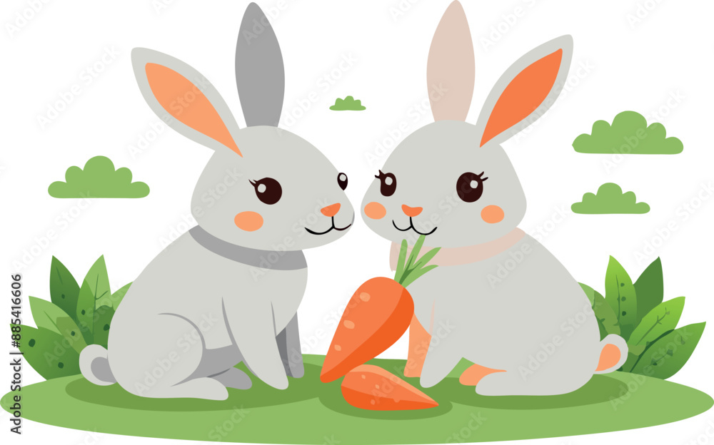 Two adorable cartoon rabbits sharing a carrot in a green garden, surrounded by plants and clouds. Perfect for children and nature concepts. Two adorable cartoon rabbits sharing a carrot in a green garden, surrounded by plants and clouds. Perfect for children and nature concepts.
