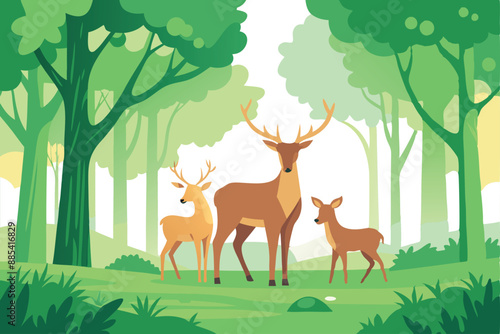 Illustration of a deer family standing in a serene forest landscape surrounded by lush green trees in a tranquil environment.
