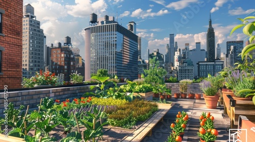 Skyline Oasis Urban Rooftop Garden Amidst City Skyscrapers Embracing Nature in the Concrete Jungle photo