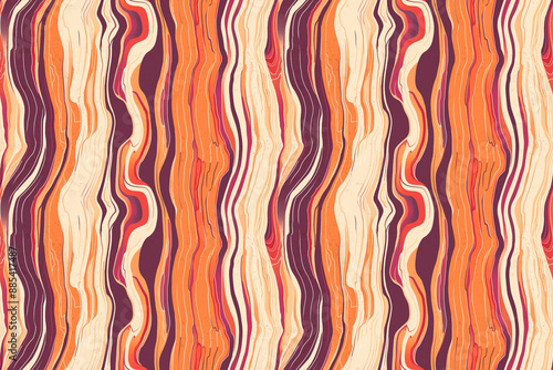 Abstract wavy lines in shades of orange, red, and beige forming a seamless pattern. The design is bold and modern, with a sense of movement and fluidity.