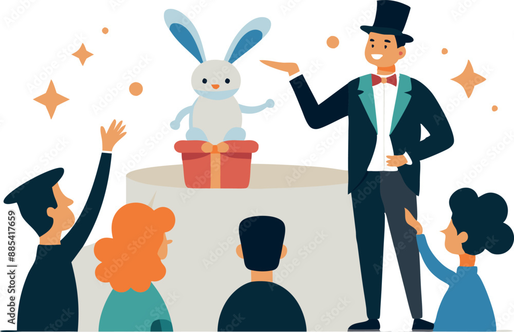 Magician performing a magic show with a rabbit emerging from a hat, entertaining an audience of children and adults. Magician performing a magic show with a rabbit emerging from a hat, entertaining an audience of children and adults.