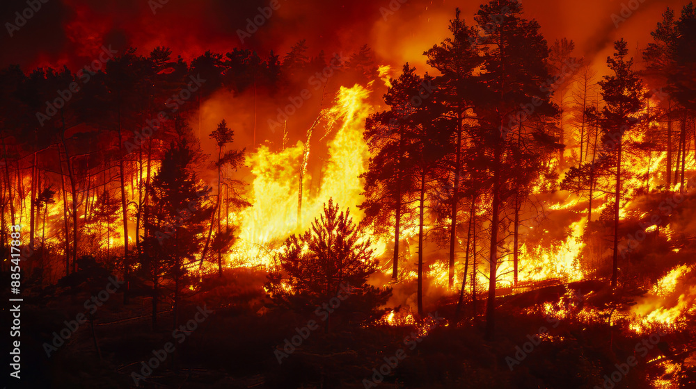 Wildfire engulfing a dense forest with intense flames and thick smoke, highlighting climate change impact. Wildfire engulfing a dense forest with intense flames and thick smoke, highlighting climate change impact.