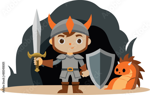 Adorable illustration of a cartoon knight holding a sword and shield, with a small dragon beside them, standing in front of a dark cave.