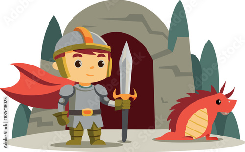 Childlike illustration showing a brave knight holding a sword and a small friendly dragon outside a cave entrance.